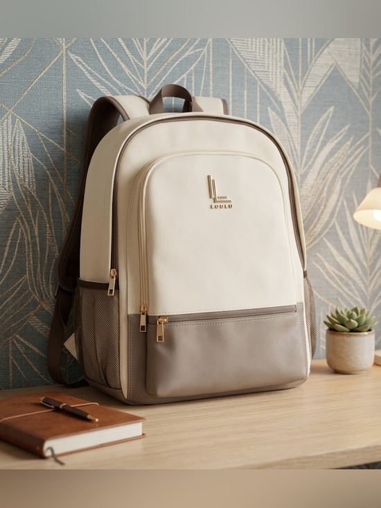 Luolu Handbags - 🆕 Loulu Backpack Cream Colored Brown Accents Laptop Sleeve Multiple Pockets